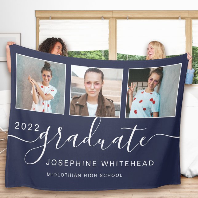 Cobertor De Velo Formando de Colagem de Fotos Moderna Azul (Elegant hand lettering photo collage graduation celebration blanket that you can personalize.)