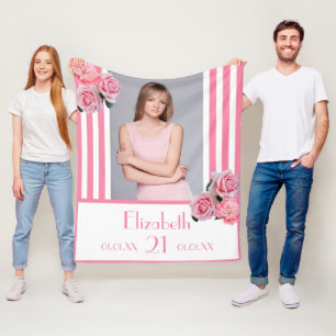 Cobertor De Velo Foto aniversário de 21 anos cor-de-rosa listras f