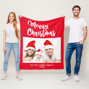 Cobertor De Velo Foto da Família Vermelha e Branca Nome Feliz Natal