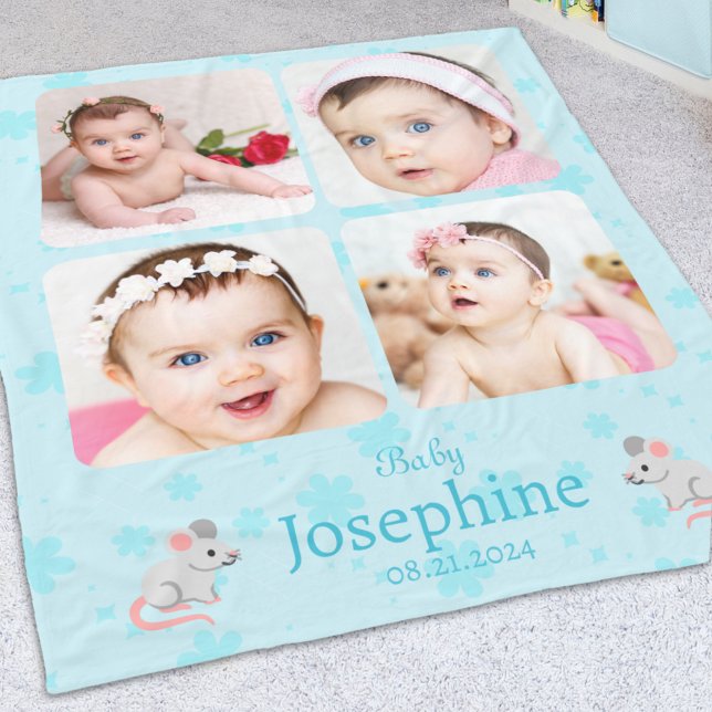 Cobertor De Velo Foto do Nome do Bebê Azul Cute Personalizado (Criador carregado)
