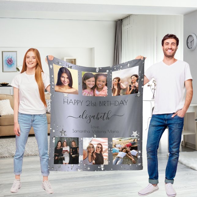 Cobertor De Velo Foto personalizada de aniversário colagem prateada (Criador carregado)
