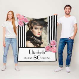 Cobertor De Velo Foto rosa-rosa-listras pretas de 80 aniversário