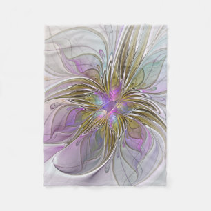 Cobertor De Velo Fractal Abstrato Colorida Floral, Rosa E Dourada