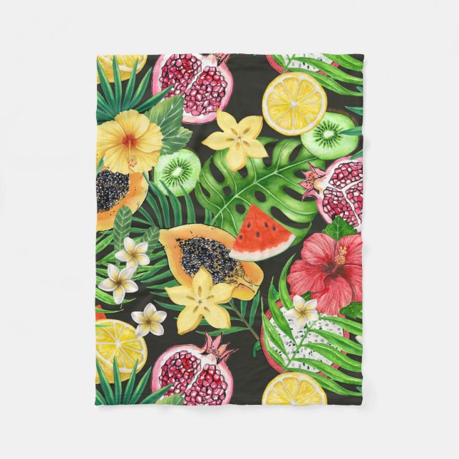 Cobertor De Velo Frutas tropicais, flores e folhas a preto (Frente)
