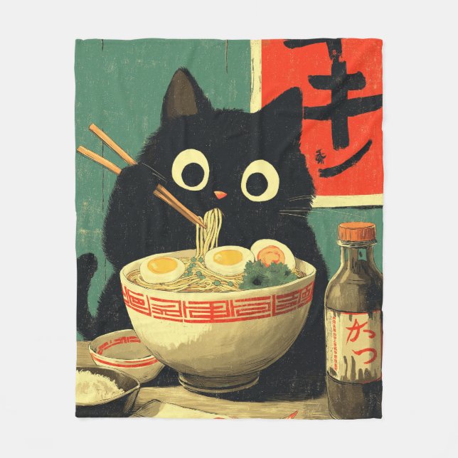 Cobertor De Velo Funny Black Cat Eating Ramen (Frente)