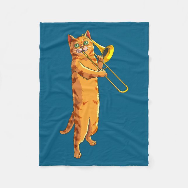 Cobertor De Velo Funny Cat Playing Trombone Gift Cool Kitten Musici (Frente)