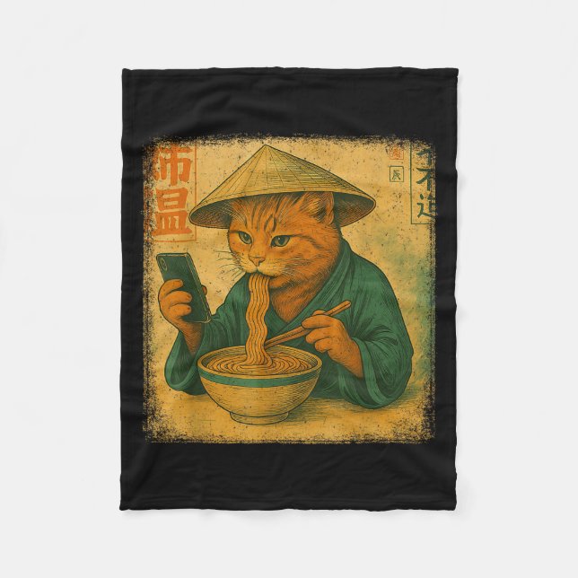 Cobertor De Velo Funny Japanese Cat Eat Ramen And Scroll Phone Anim (Frente)