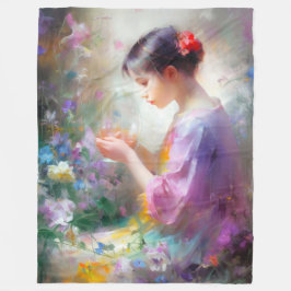 Cobertor De Velo Garota admirando uma flor em suas mãos