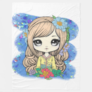 Cobertor De Velo Garota Chibi Cura Com Aquarela Azul E Brilhante