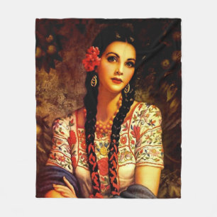 Cobertor De Velo Garota Mexicana Vintage Pin-Up com Tranças Longas
