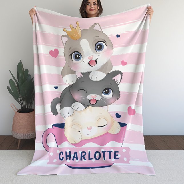 Cobertor De Velo Garotas em Branco com Gatos de Cartoon Gelados Ros (Girls Blanket with Cute Cartoon Cats Pink Stripes)