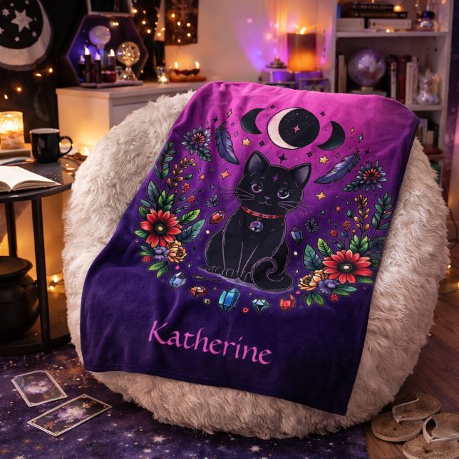Cobertor De Velo Gata Preta Celestial Mística Roxo Rosa (Criador carregado)