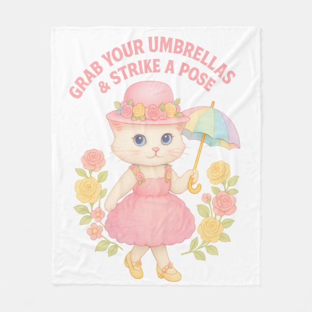 Cobertor De Velo Gatinho Fofo de Vestido Rosa – Pose de Guarda-Chuv (Frente)