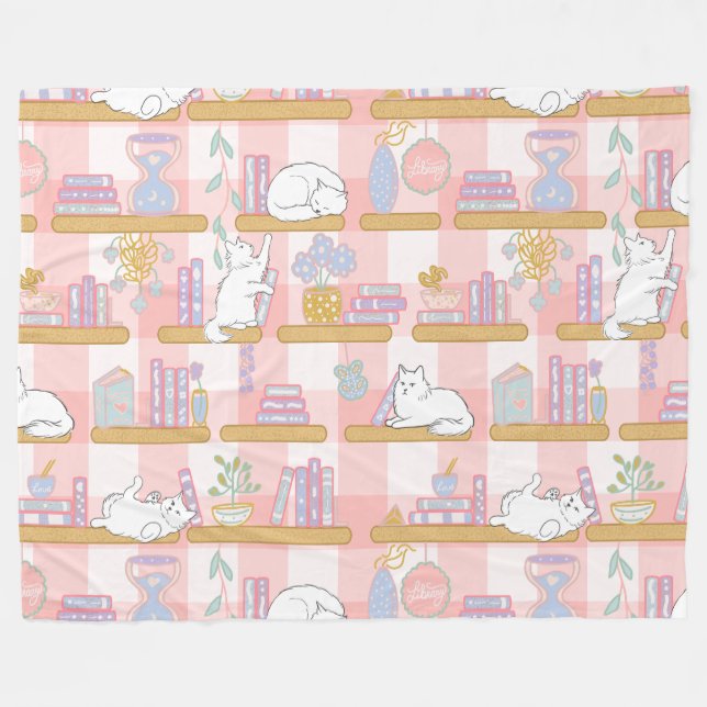 Cobertor De Velo Gato Amante de Livros Presente Rosa Pastel (Frente (Horizontal))