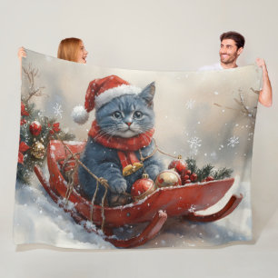 Cobertor De Velo Gato Azul Oriental no Trenó Deixe Nevar Natal 