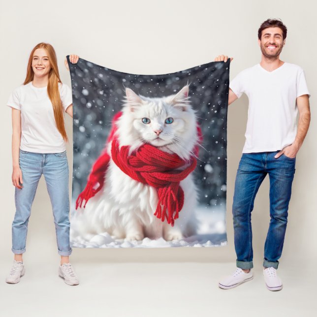 Cobertor De Velo Gato Branco com Cachecol Vermelho de Inverno (In Situ)