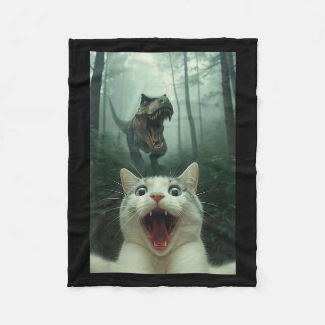 Cobertor De Velo Gato Branco Engraçado Selfie Com T-rex Dinossauro, (Frente)