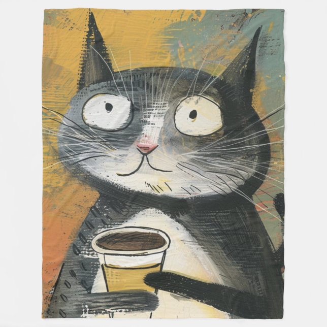 Cobertor De Velo Gato Cinza com Café em Ocre (Frente)