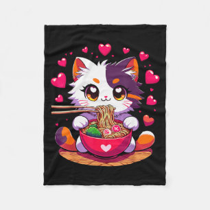 Cobertor De Velo Gato de Anime Comendo Macarrão Ramen Com Corações