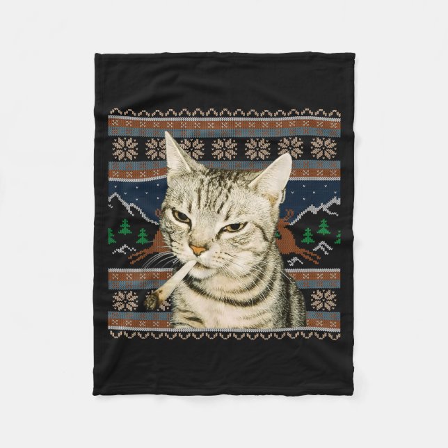 Cobertor De Velo Gato Engraçado Fumando Meme Natal Suéter Feio Gato (Frente)