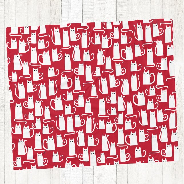 Cobertor De Velo Gato Gato-Cinto, Vermelho e Branco Festivo (White cats on red. Fun pattern cozy fleece blanket, ideal for Christmas and the winter holidays)