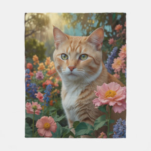 Cobertor De Velo Gato laranja branco bonito em jardim floral