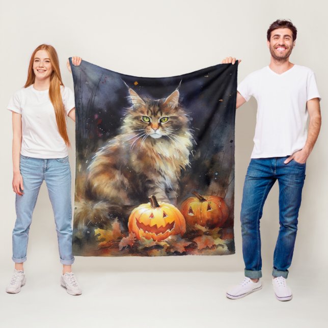 Cobertor De Velo Gato Maine Coon no Halloween com Abóboras Assustad (In Situ)