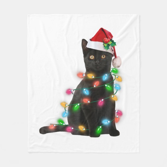 Cobertor De Velo Gato Negro com Luzes de Natal de Papai Noel (Frente)