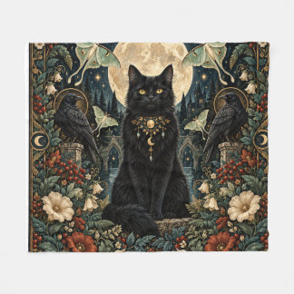Cobertor De Velo Gato Negro Gótico Celestial con Luna y Cuervos.