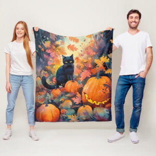 Cobertor De Velo Gato Negro Halloween Com Abóboras Assustados
