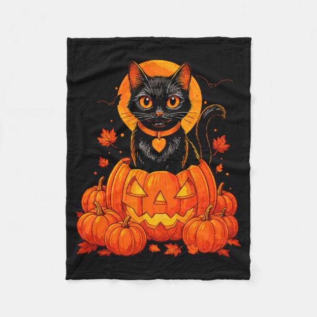 Cobertor De Velo Gato Preto Abóbora Lua Halloween Outono (Frente)