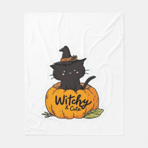 Cobertor De Velo Gato preto bonito em abóbora com chapéu de bruxa, 