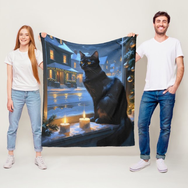 Cobertor De Velo Gato Preto Com Luzes De Natal Feriado (In Situ)
