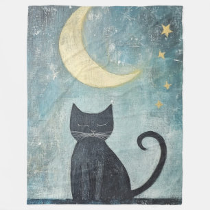 Cobertor De Velo Gato Preto Dormindo com Lua Crescente e Estrelas