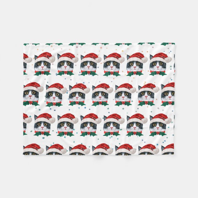 Cobertor De Velo Gato Preto e Branco Fofo Com Chapéu de Papai Noel  (Frente (Horizontal))