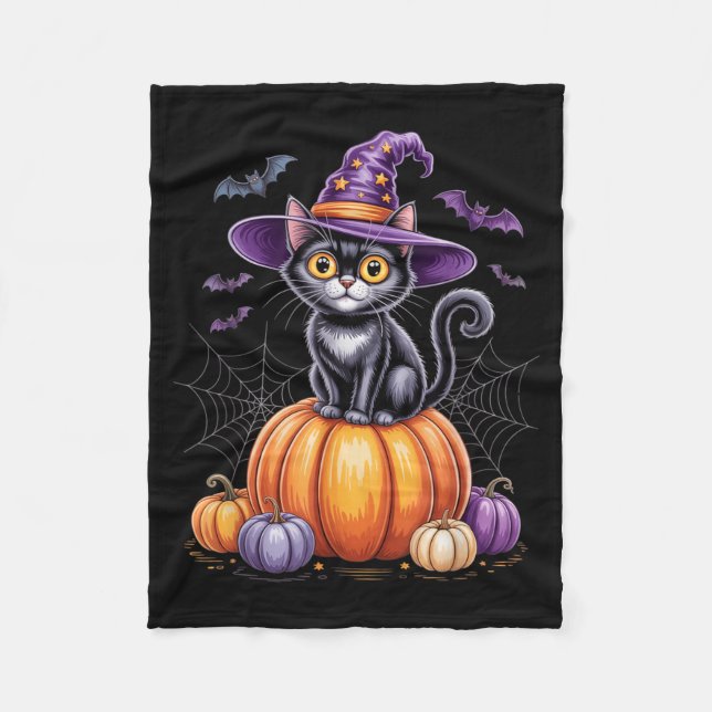 Cobertor De Velo Gato Preto Em Abóbora Com Chapéu De Bruxa Hallowee (Frente)