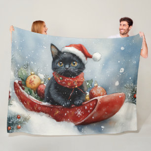 Cobertor De Velo Gato Preto em Trenó Deixe Nevar Natal