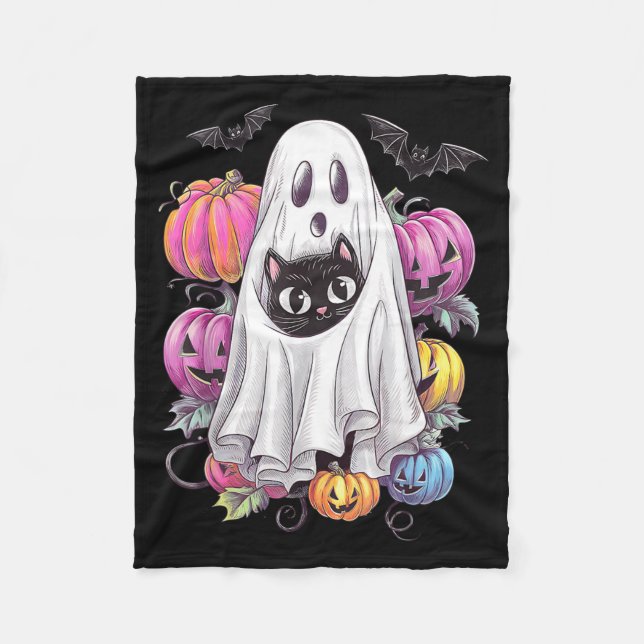 Cobertor De Velo Gato Preto Fantasma Com Abóboras Halloween Assusta (Frente)