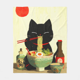 Cobertor De Velo Gato Preto Feliz Comendo Ramen Ukiyo-e Japonês