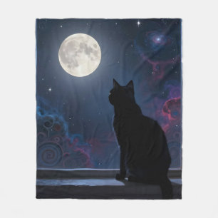 Cobertor De Velo Gato Preto Galáxia Lua Cheia Cena da Janela