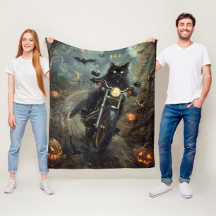Cobertor De Velo Gato Preto Pilotando Moto Halloween Assustador