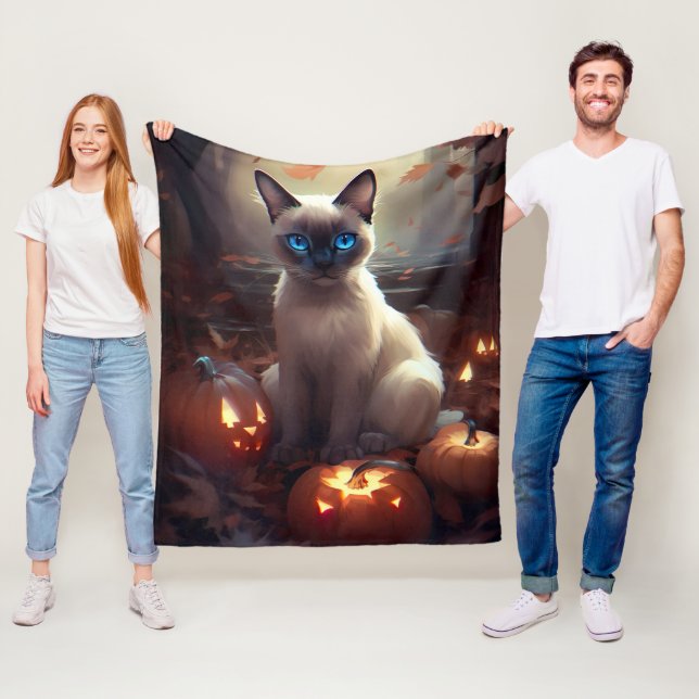 Cobertor De Velo Gato Siames de Halloween com Abóboras Assustadoras (In Situ)