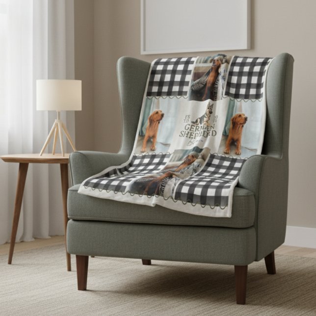 Cobertor De Velo German shepherd Gingham Verificado Pet Quatro Foto (Cozy up with this Checkered Gingham German Shepherd Pet Four Photo Fleece Blanket!)