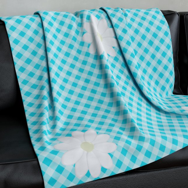 Cobertor De Velo Gingham Azul-Cinto Cheque Daisy Fleece Blanket (A pretty blue gingham check fleece blanket with cute daisy flowers at the corners. )
