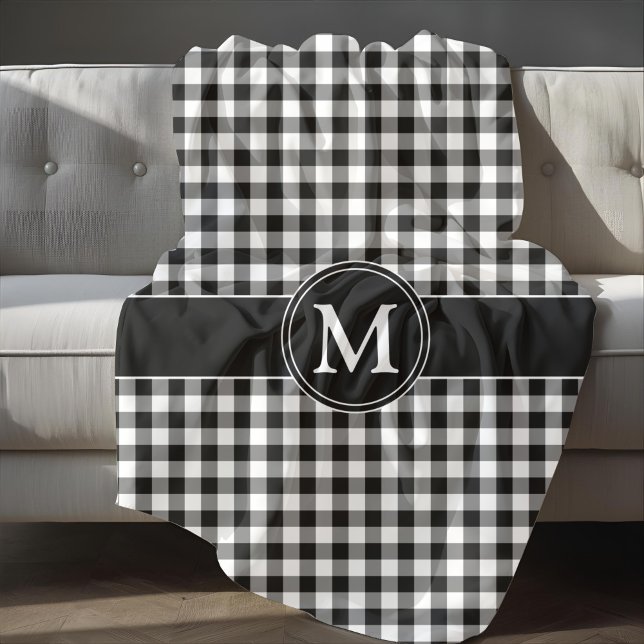 Cobertor De Velo Gingham Branco E Preto Monograma (Monogram Black And White Gingham Fleece Blanket)