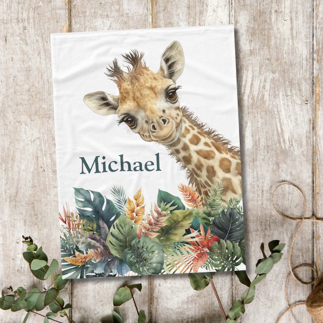 Cobertor De Velo Girafa Personalizada Berçário Aquarela Fofa Bebê (Personalized Giraffe Baby Blanket. 30x40 inches.)