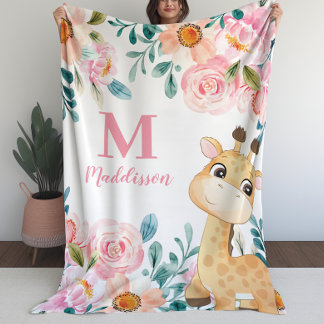 Cobertor De Velo Girls Blanket Floral com Giraffe Monograma
