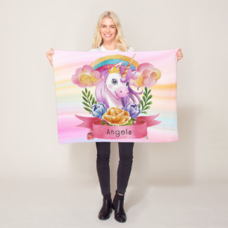 Cobertor De Velo Girls Cute Purple Unicorn Rainbow Nome Personaliza