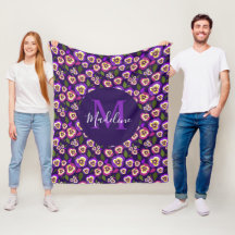 Girly Floral Pansies Padrão Monograma Roxo