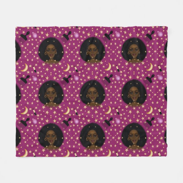 Cobertor De Velo Glam Black Woman Afro Hair pic batom rosa (Frente (Horizontal))